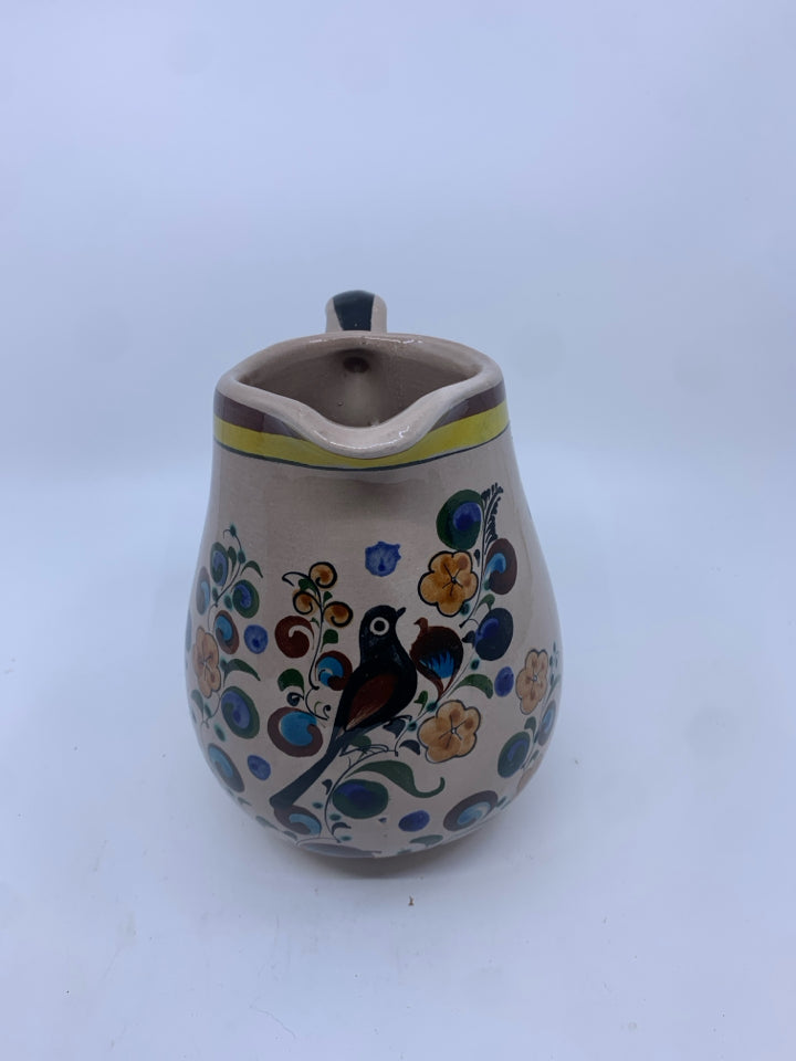 FOLK ART CERAMIC PITCHER W BIRD TONALA MEXICO.