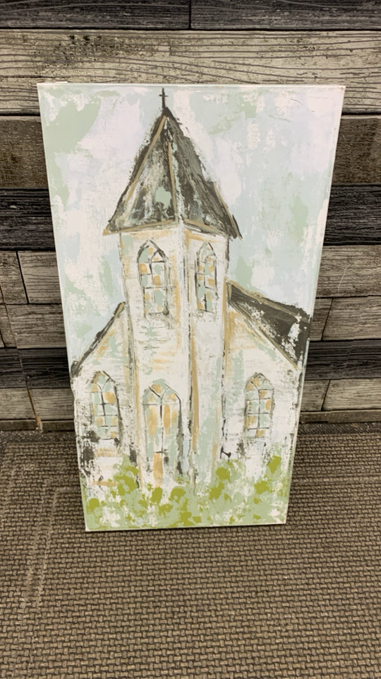 CHURCH PAINTED CANVAS WALL HANGING.