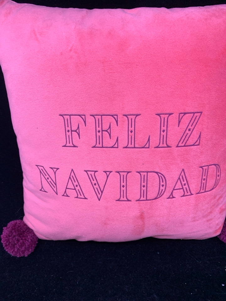 FELIZ NAVIDAD SQUARE PILLOW W/PURPLE POMPOMS.