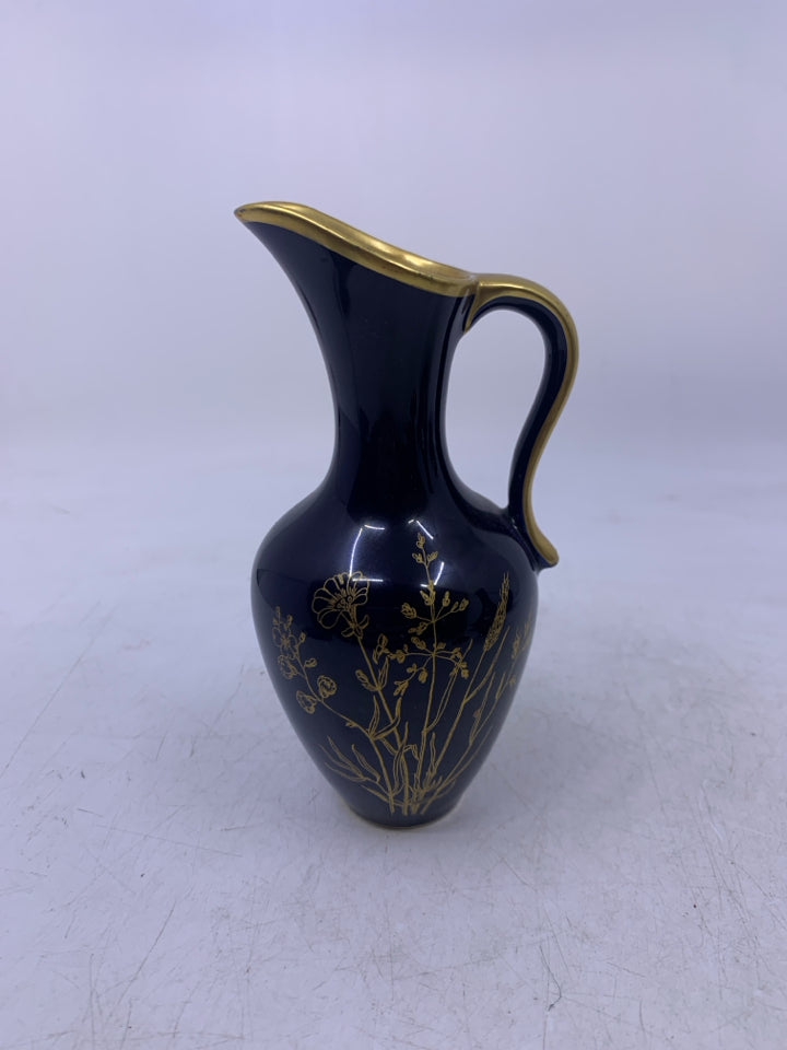 COBALT BLUE SMALL PITCHER VASE W/ GOLD FLOWERS.