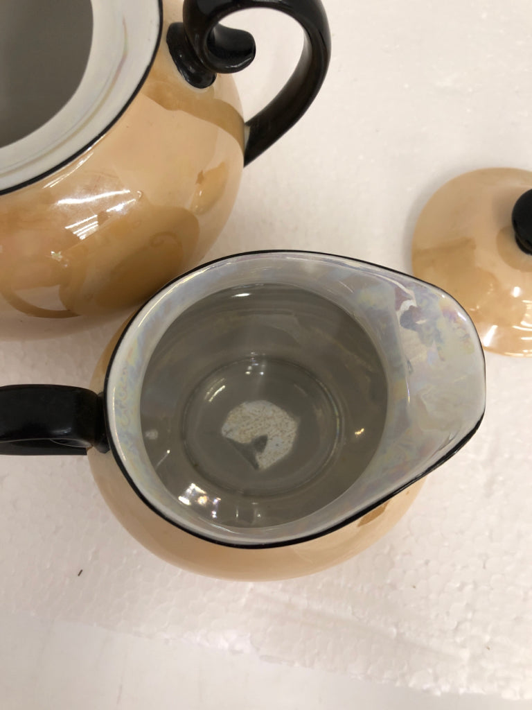 2 PC VTG PEACH IRIDESCENT SUG/CREAMER W/ BLACK HANDLES LAUREL CHINA.