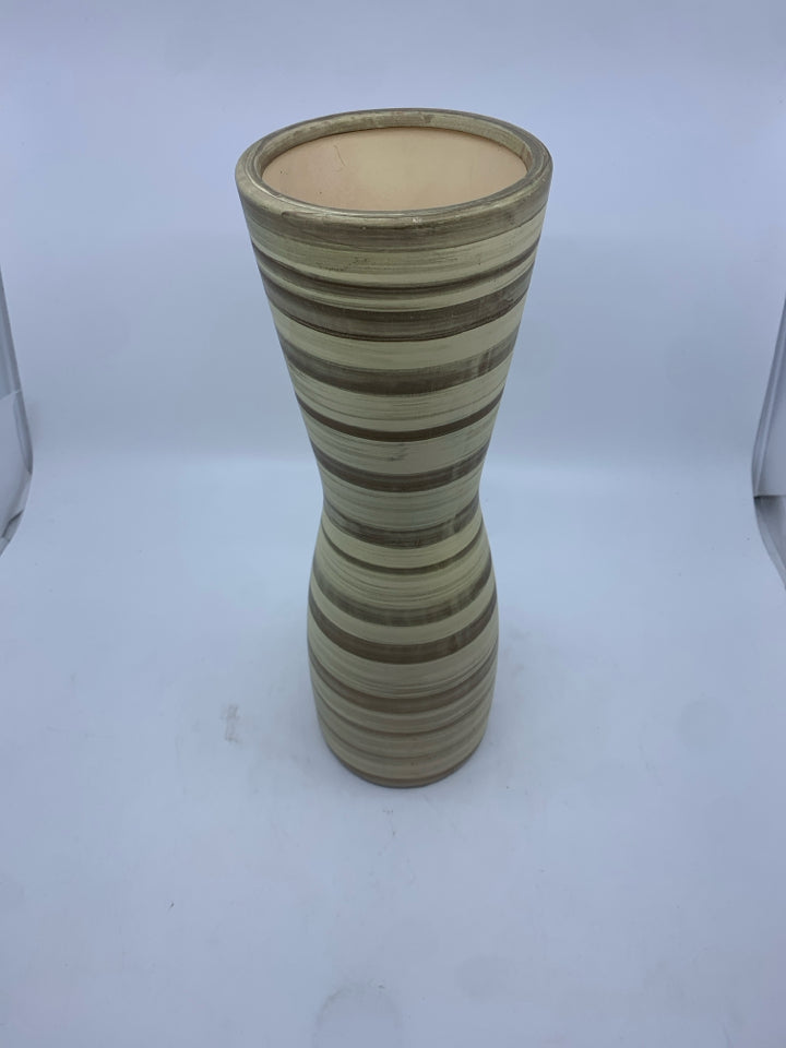 CREAM W DARK STRIPE HOURGLASS SHAPED VASE.