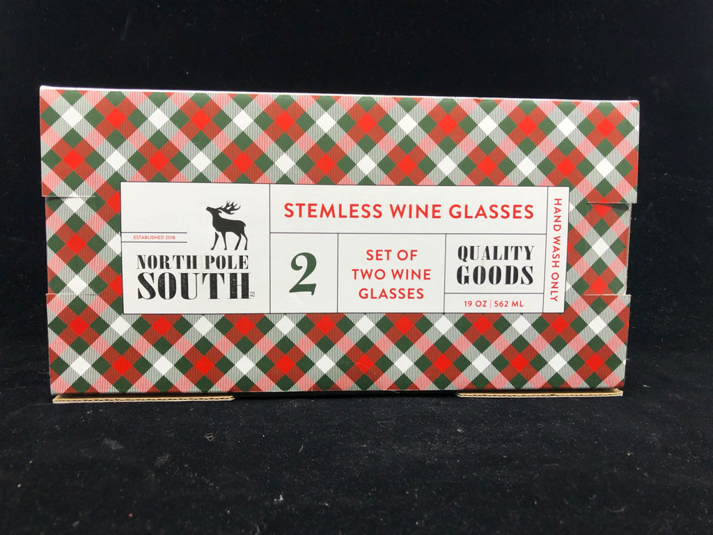 NIB NORTH POLE SOUTH STEMLESS WINE GLASSES.