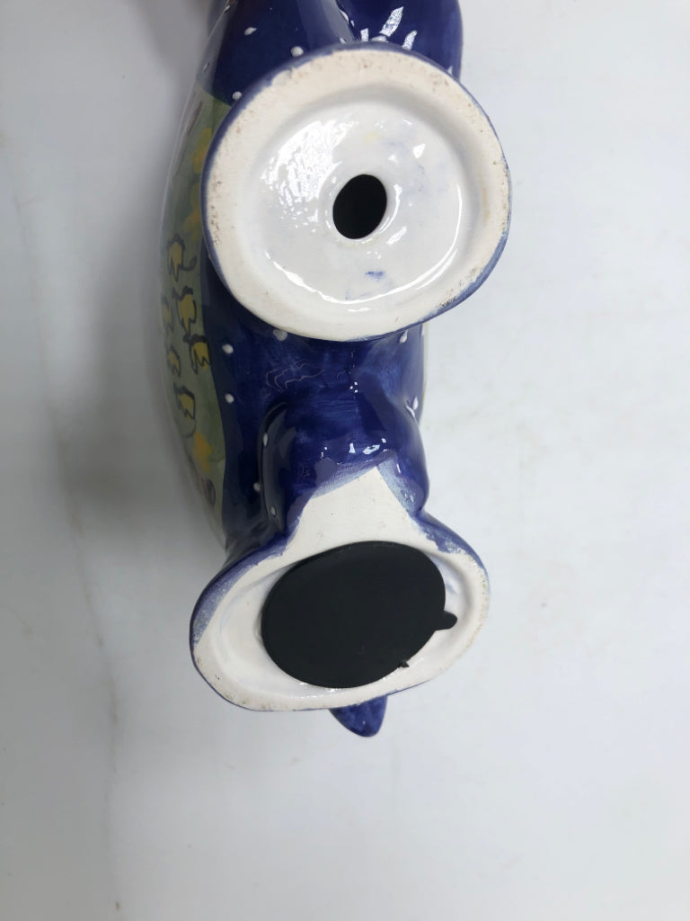 CERAMIC BLUE COW PIGGY BANK.