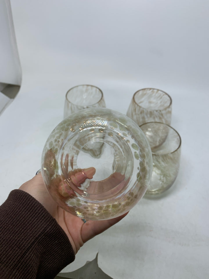 4 LIGHTWEIGHT ROSE GOLD SPARKLE SPECKLED STEMLESS GLASSES.