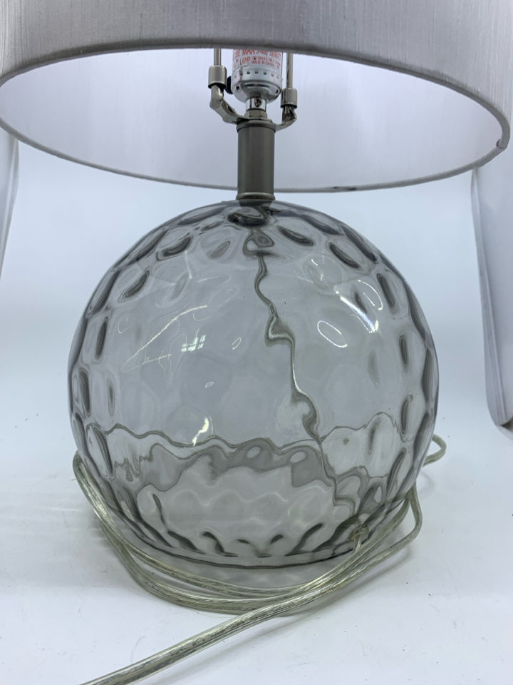 GLASS BALL LAMP W WHITE SILK SHADE.