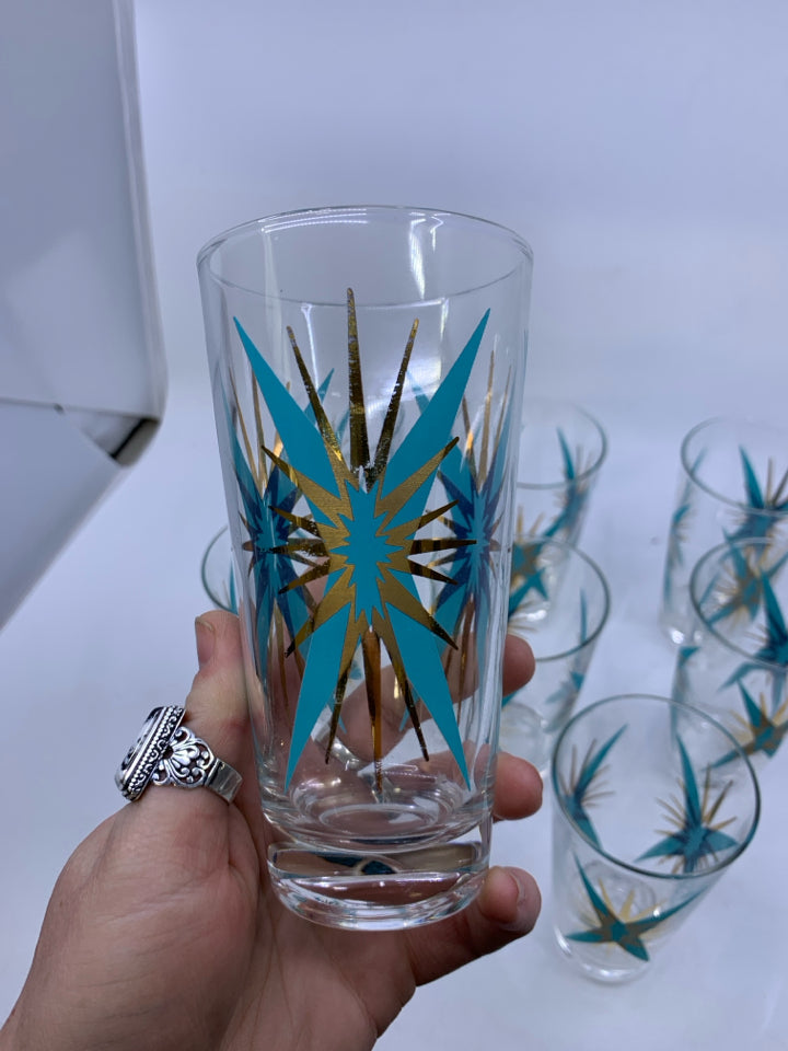 8 VTG MCM ATOMIC STARBURST "INCA" GOLD COCKTAIL TUMBLERS.