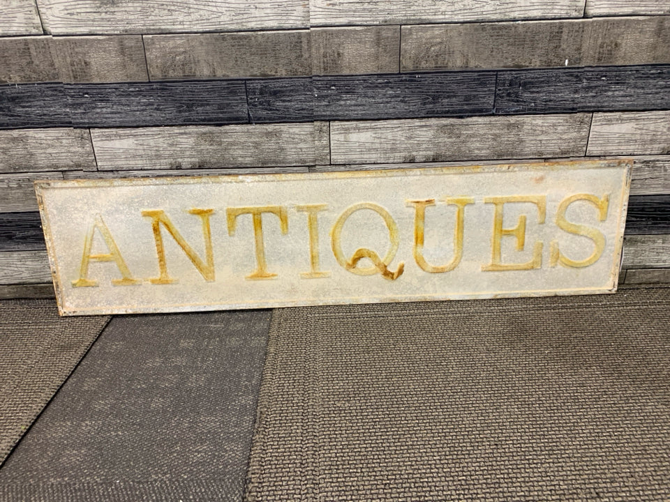 "ANTIQUES" METAL SIGN.