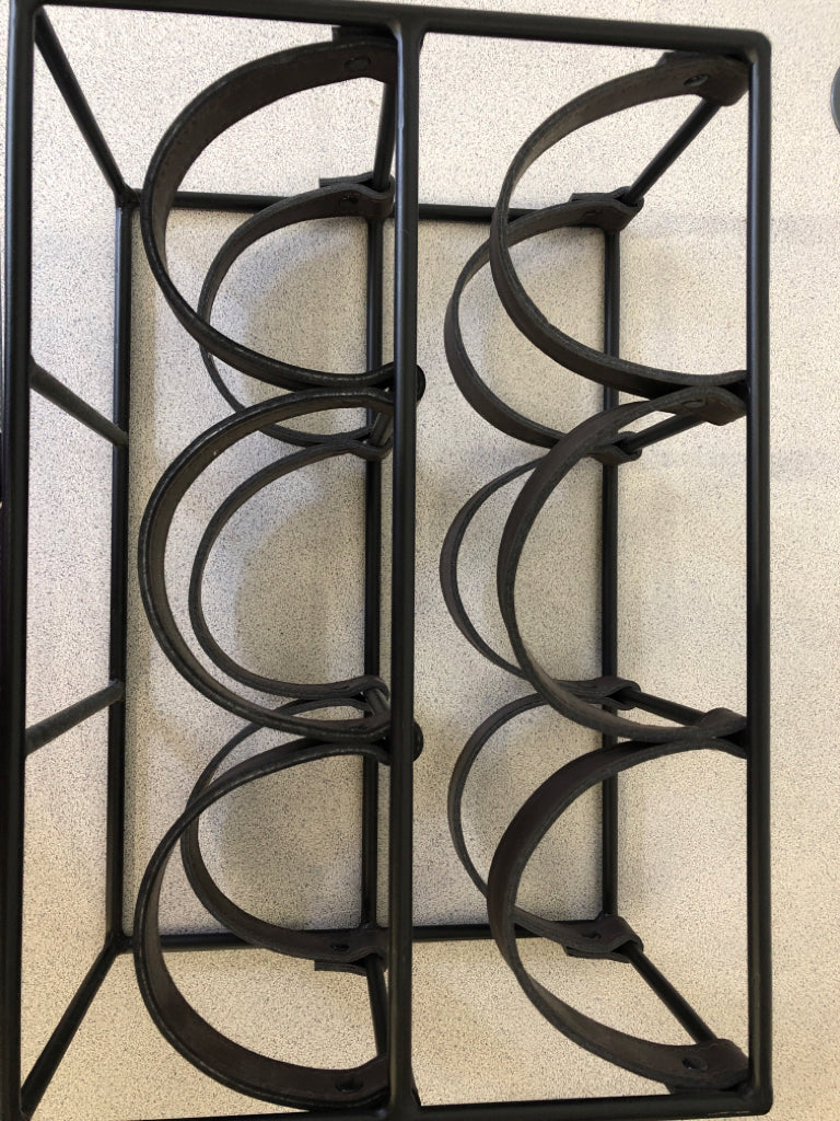 BLACK METAL WINE RACK W FAUX LEATHER HOOKS.