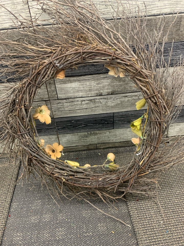 LARGE TWIG WREATH W WOOD FLOWERS.