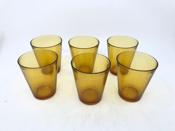 6 SHORT AMBER GLASS JUICE GLASSES.