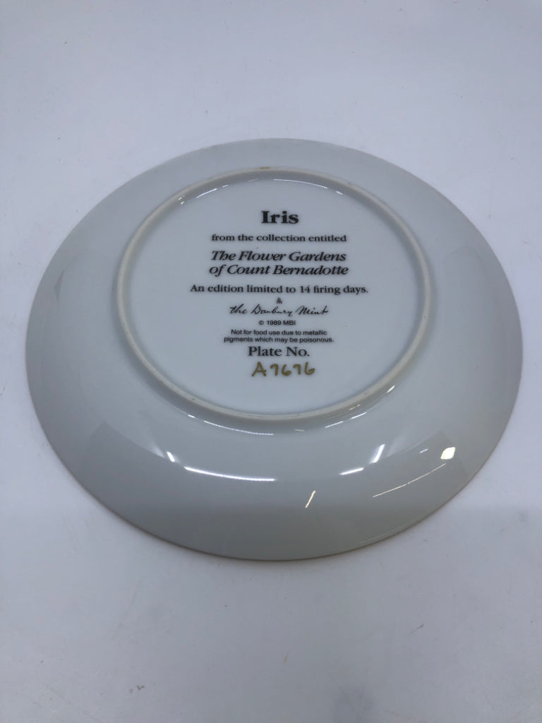DANBURY MINT "IRIS" DECORATIVE PLATE W/FLOWERS+GOLD RIM.