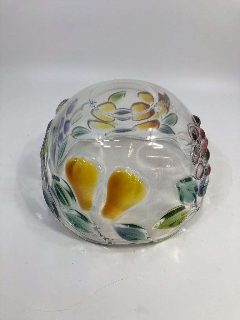 GLASS WAVY CUT BOWL W/ COLORED GLASS FRUIT.