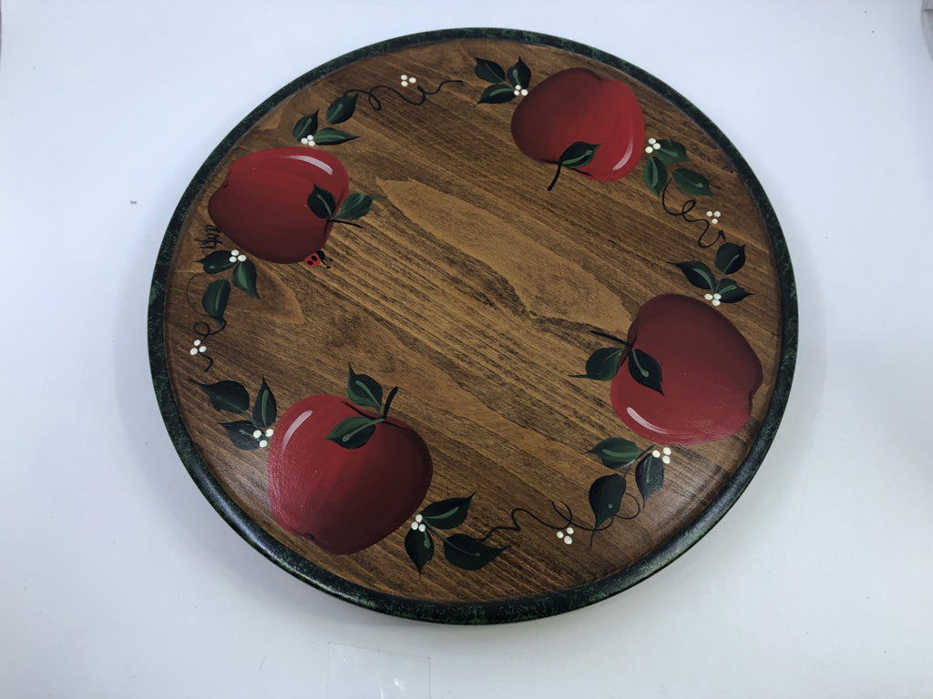 WOOD SPINNING LAZY SUSAN W/ PAINTED APPLES.