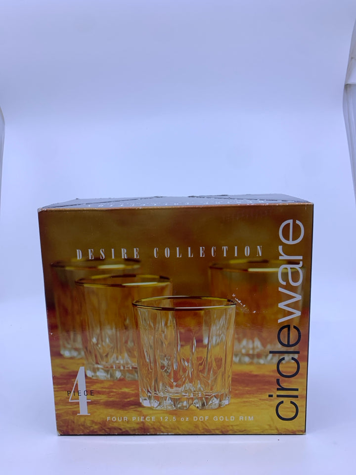 NIB 4 GOLD RIM SHORT WATER GLASSES.