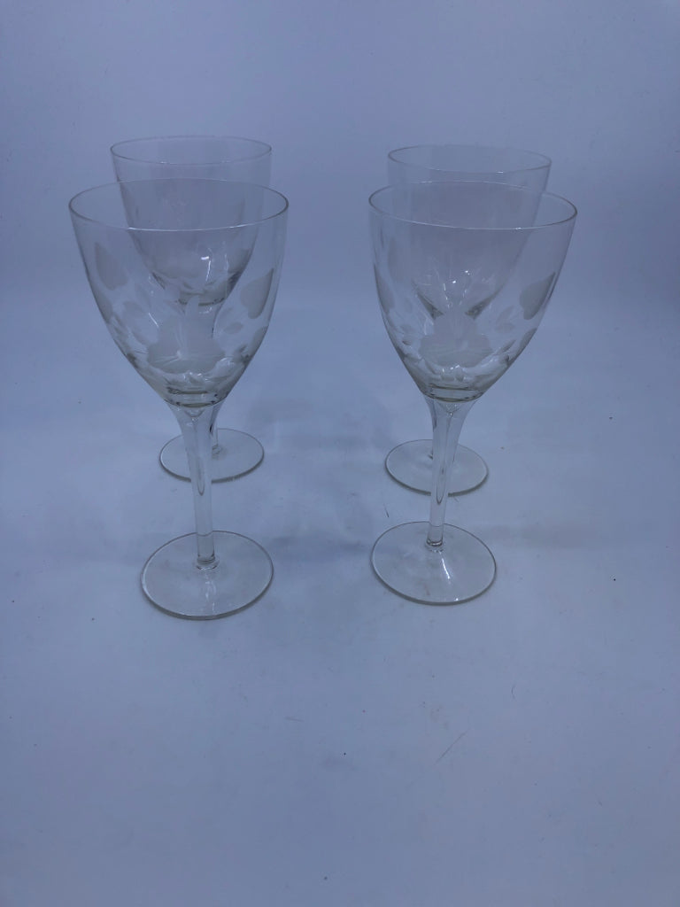 4 LIGHT WHITE ETCHED FLORAL WINE GLASSES.