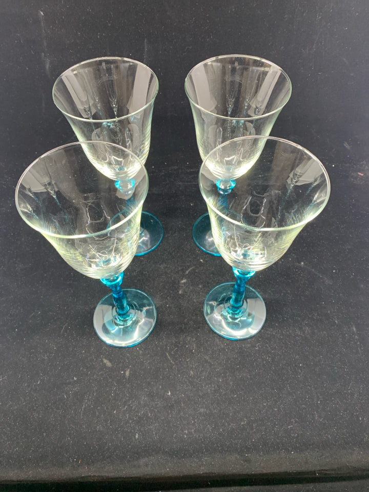 4 LIGHT BLUE STEM WINE GLASSES W/ SLIGHT FLARE.