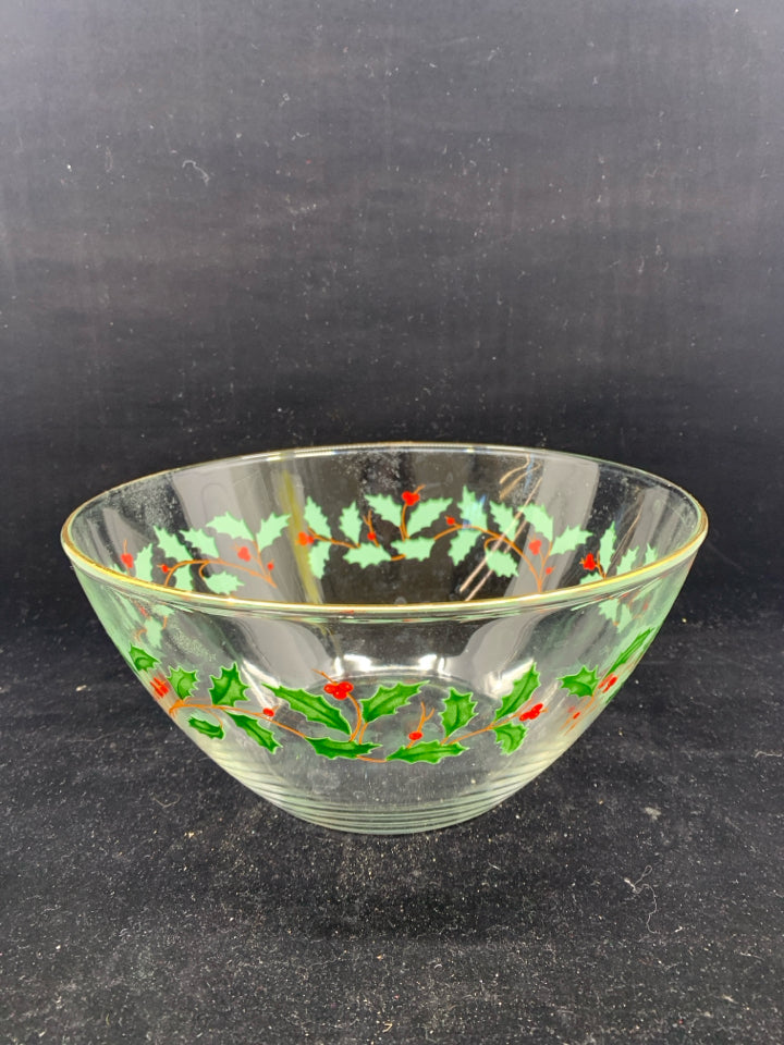 HOLLY & BERRIES GLASS SERVING BOWL.