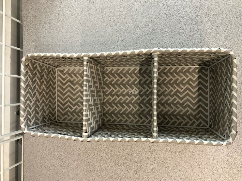 NARROW GRAY DIVIDED WOVEN STORAGE BIN.
