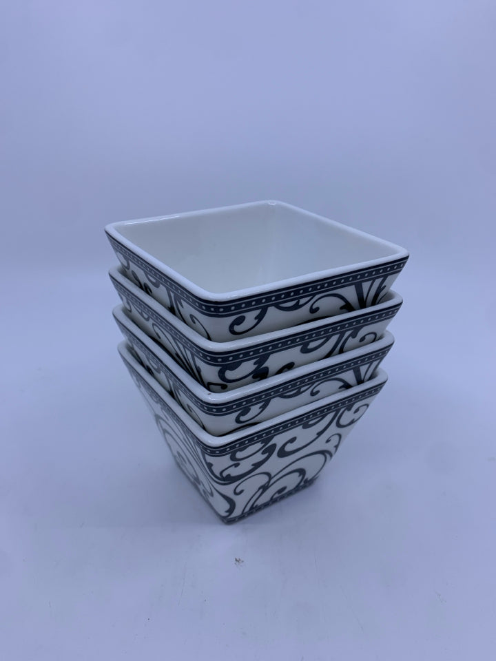 4 SMALL SQUARE BOWLS W/ BLACK SCROLL DESIGN.