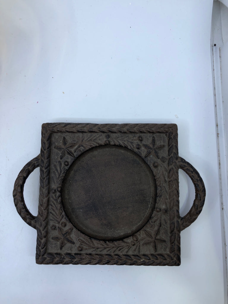 HEAVY CAST IRON CANDLE PLATE W HANDLES.