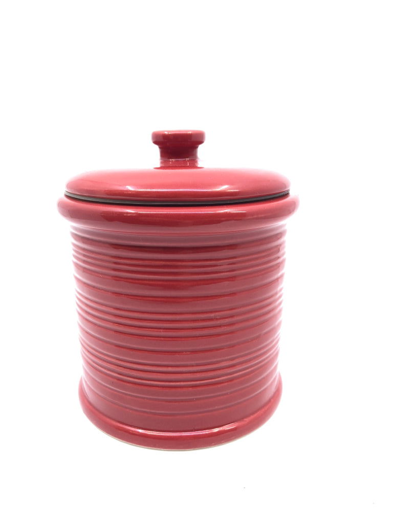 RED RIBBED CERAMIC CANISTER.