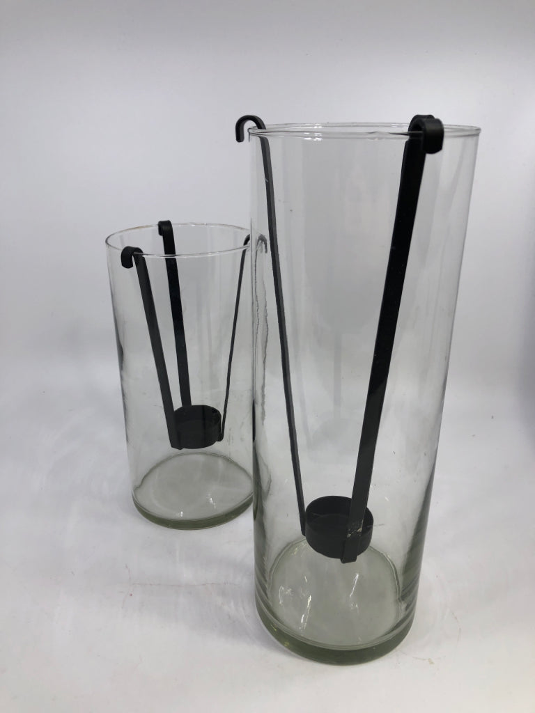 2 GLASS HURRICANE W METAL CANDLE HOLDER.