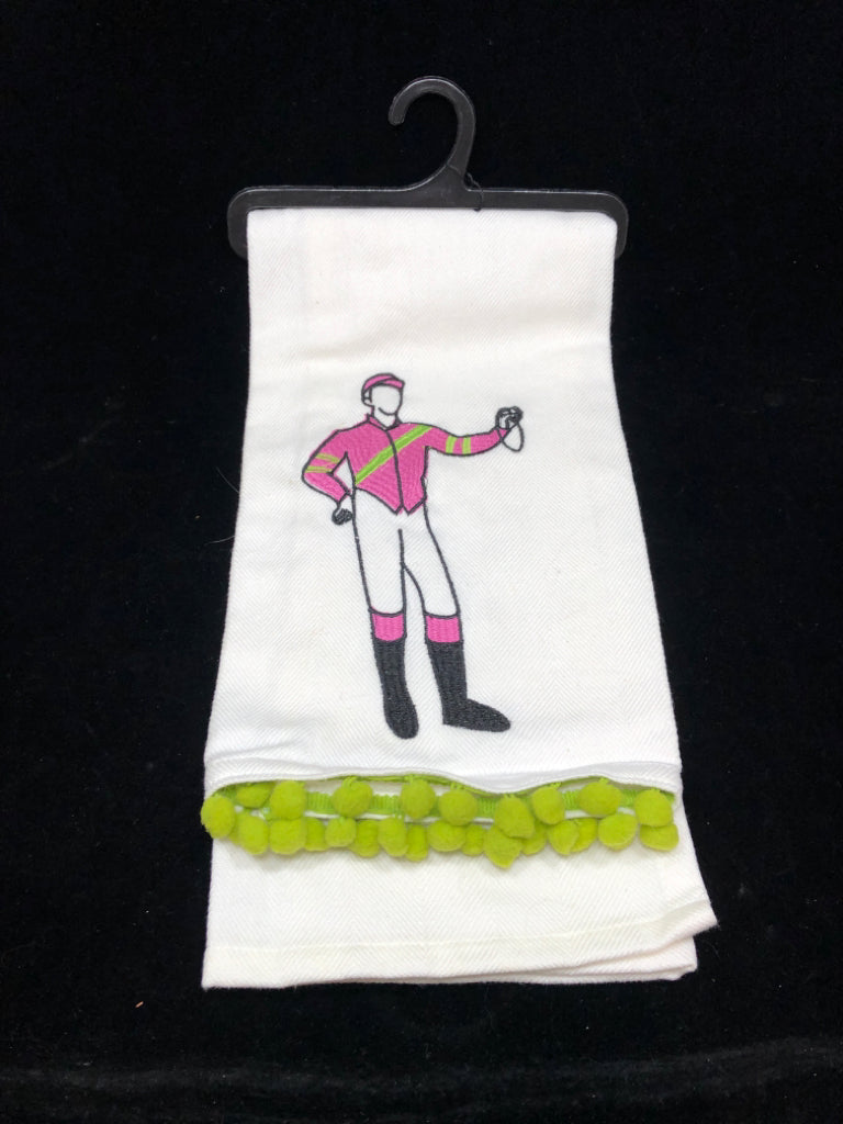 TEA TOWEL W/ PINK AND GREEN JOCKEY BY BARREL DOWN SOUTH.