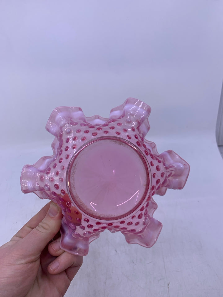 PINK HOBNAIL CANDLE PLATE W/ RUFFLED EDGE.