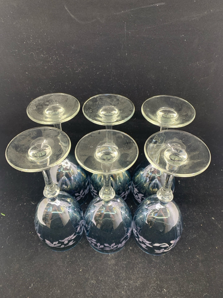 6 IRIDESCENT BLUE WINE GLASSES W/ ETCHED LEAVES.