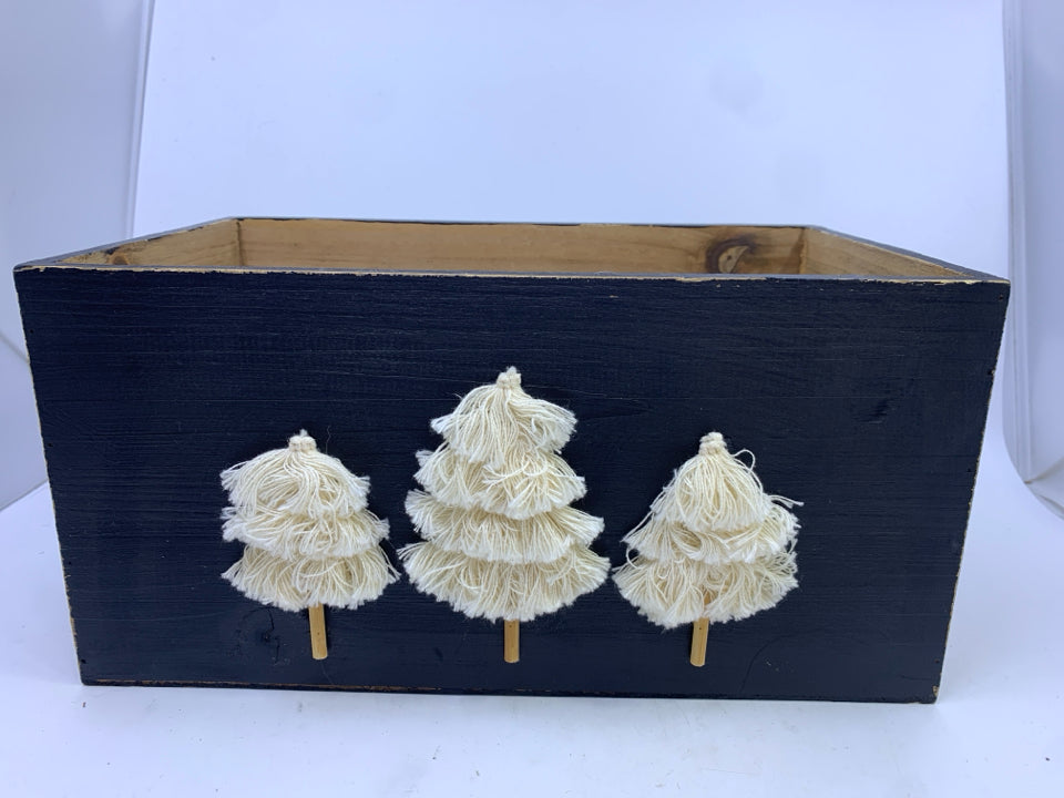 NAVY BLUE WOOD CRATE W WHITE TASSEL TREES.