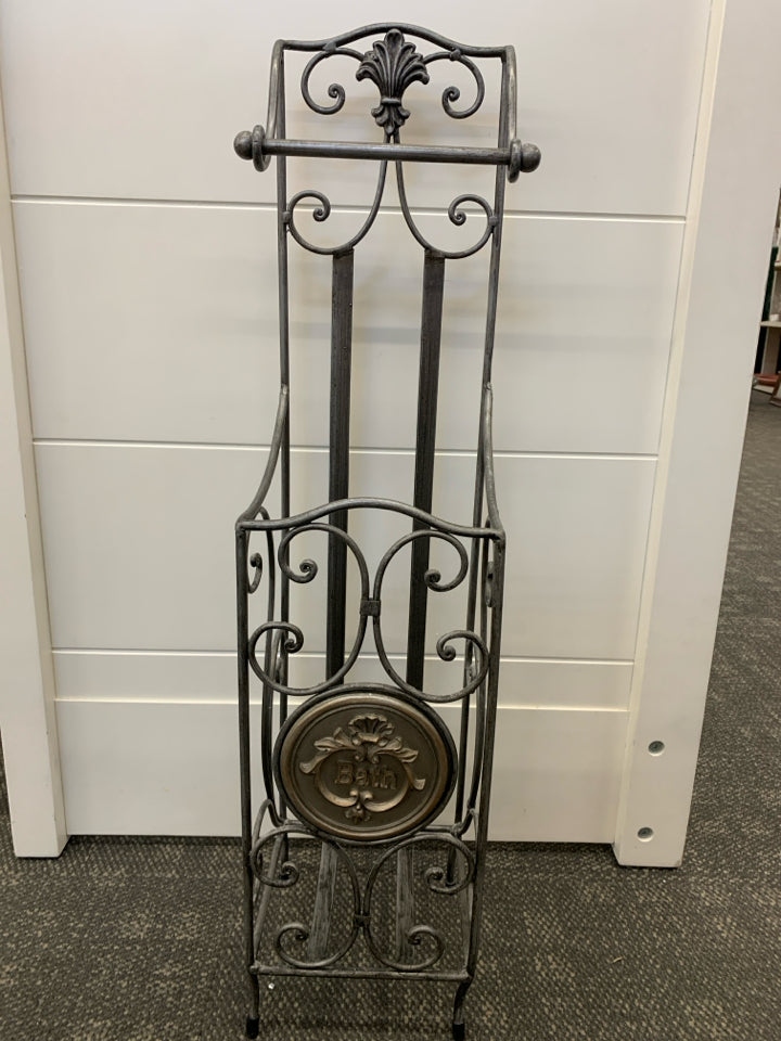 SILVER ORNATE "BATH" STANDING TOILET PAPER HOLDER/STORAGE.