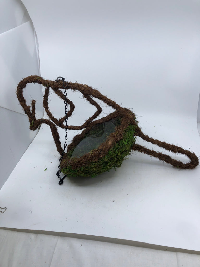 MOSS BIRD SHAPED HANGING PLANTER W/ PLASTIC INSERT.