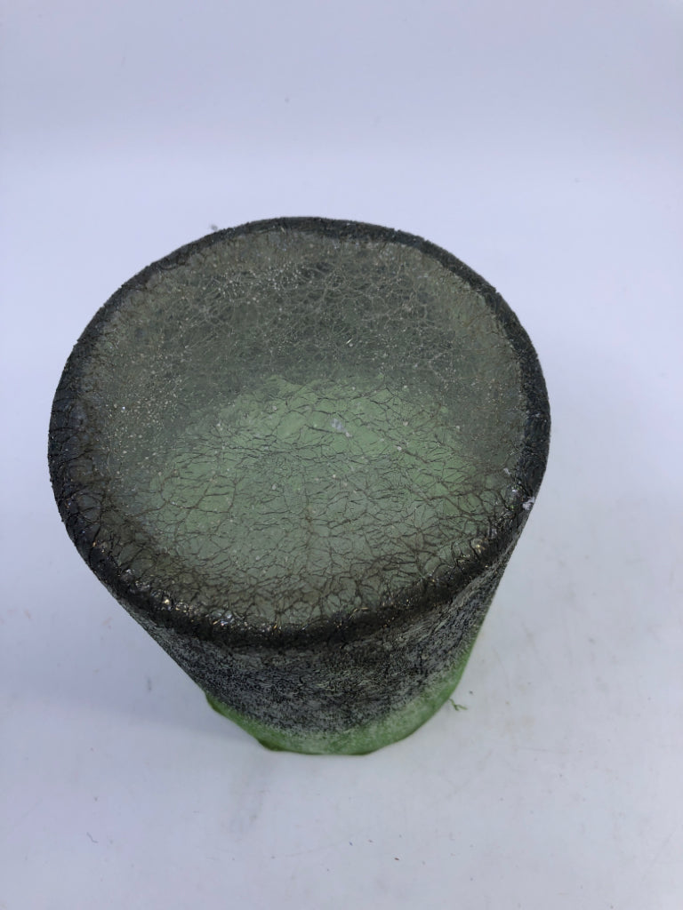 SHIMMER GREEN GLASS CANDLE HOLDER.