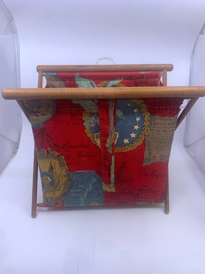 VTG FOLDING FABRIC SEWING BASKET- AMERICANA DECOR W/WOOD.