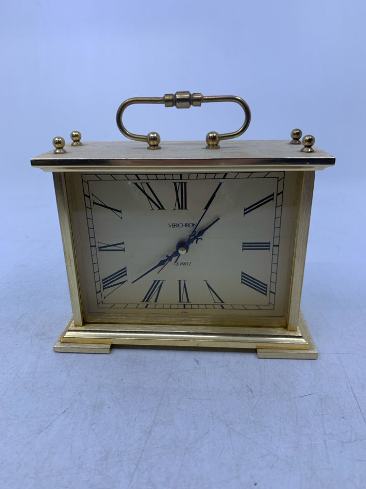 GOLD METAL RECTANGLE VERICHRON DESK CLOCK W/ HANDLE.