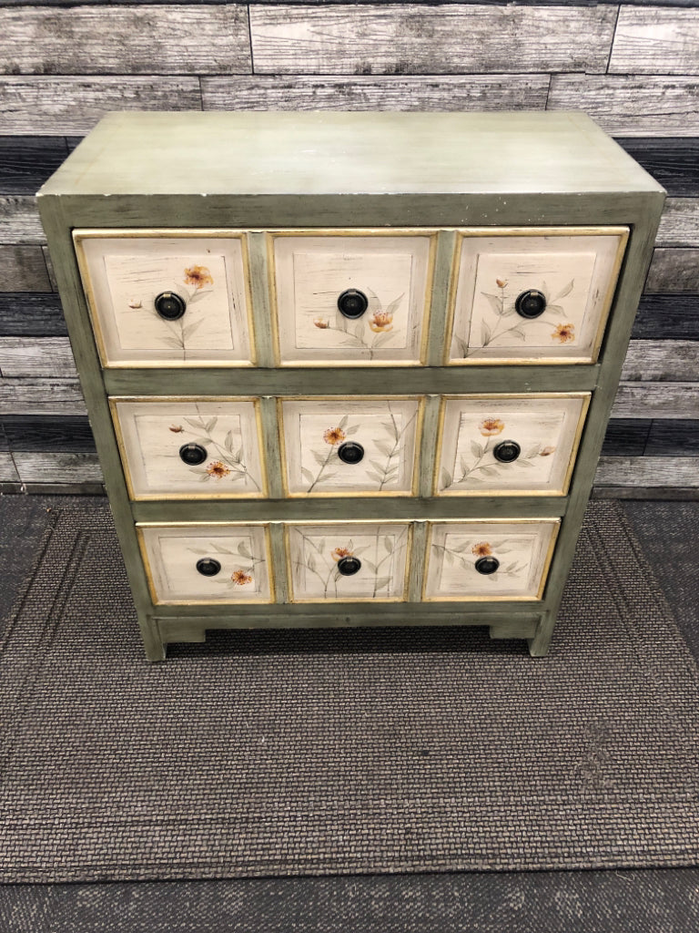 SMALL GREEN DRESSER PAINTED FLORAL 3 DRAWER.