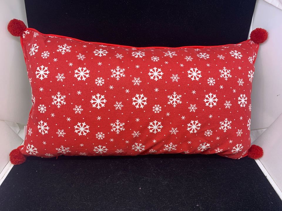 SNOWY DAYS- RECTANGLE PILLOW W/RED POM POMS.