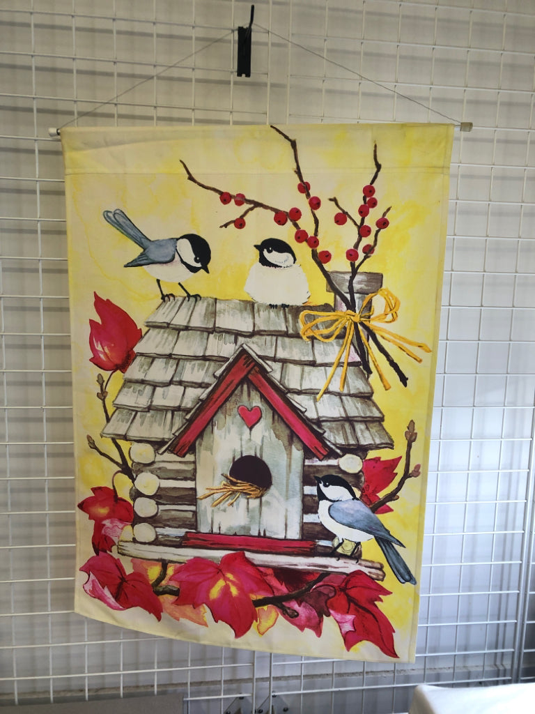 LARGE FABRIC  BIRDHOUSE W CHICKADEES WALL ART.