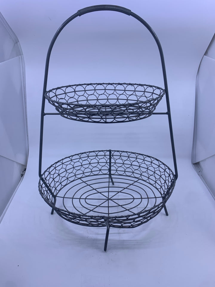 2 TIER OVAL GREY WIRE FRUIT BASKET.
