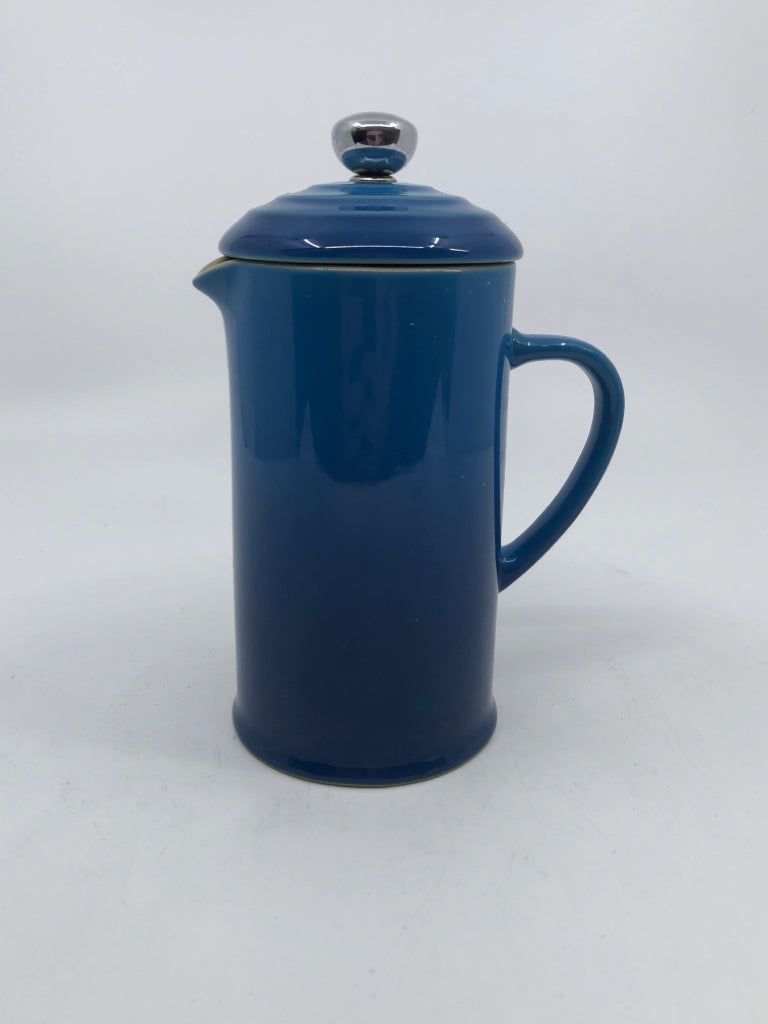 BLUE CERAMIC FRENCH PRESS.