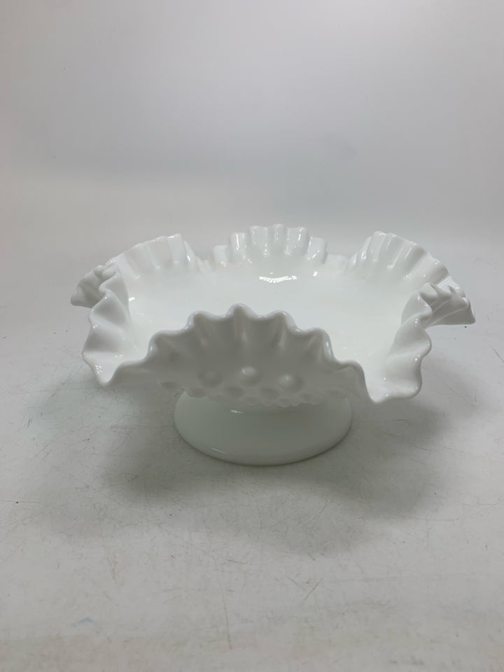 FOOTED MILK GLASS HOBNAIL W/ RUFFLED EDGE TAPERED CANDLE HOLDER.