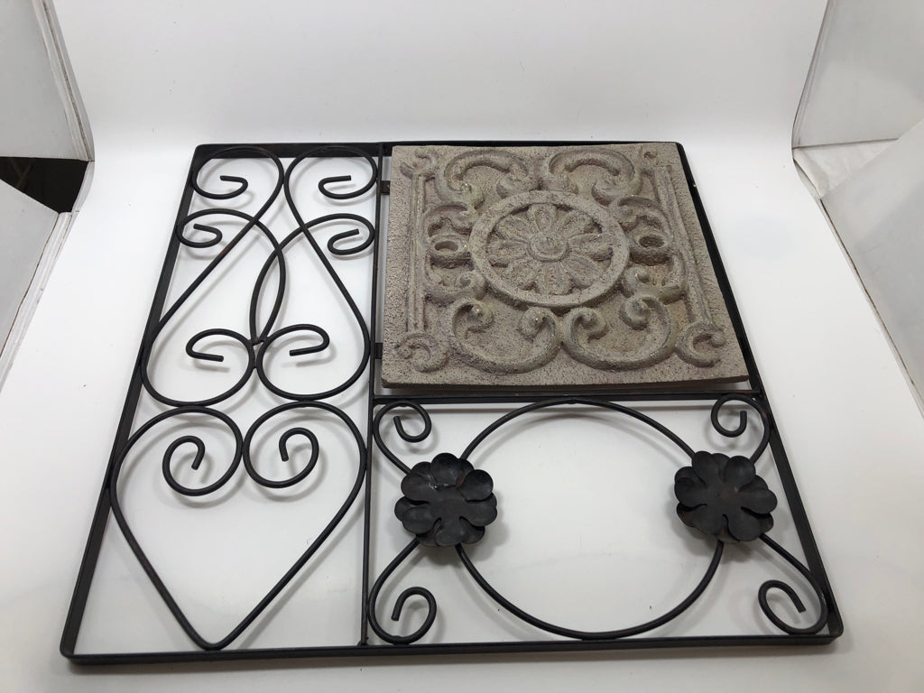 METAL WALL DECOR W/CEMENT DECOR.