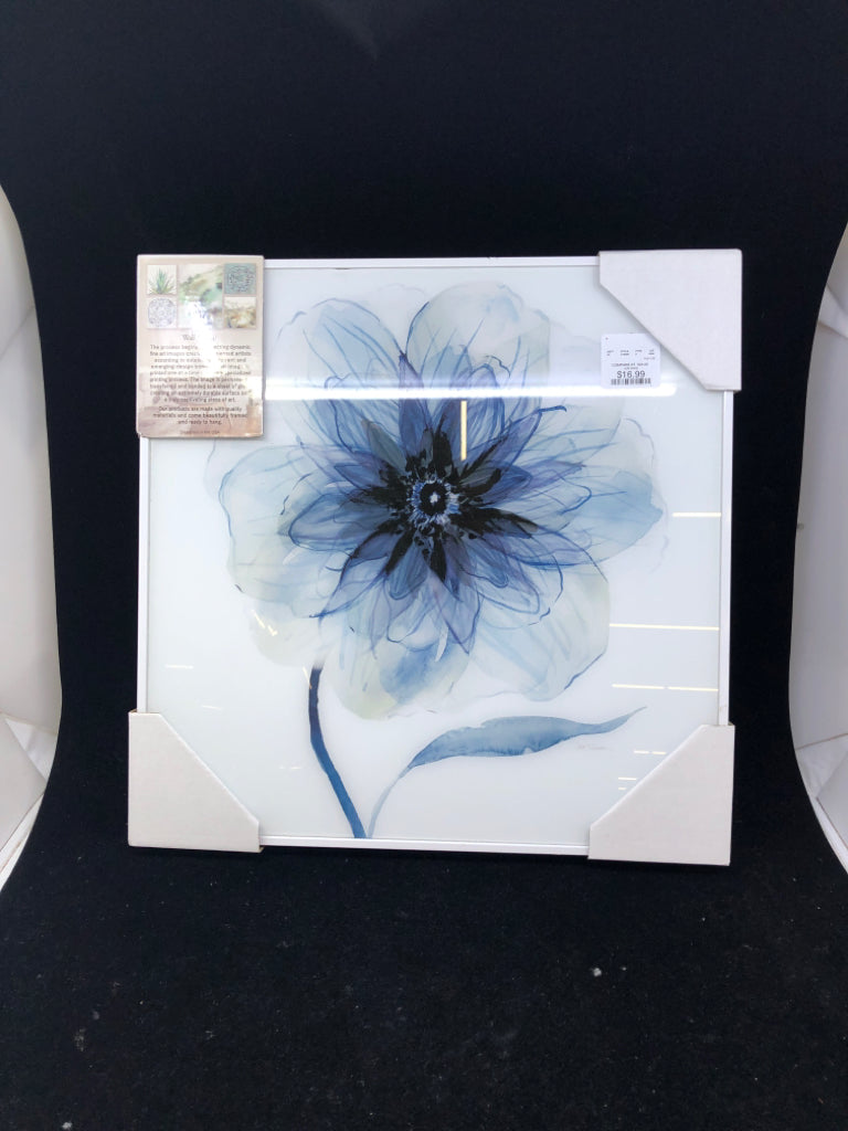 NIP WALL HANGING DARK BLUE FLOWER GLASS COVER WHITE FRAME SIGNED.