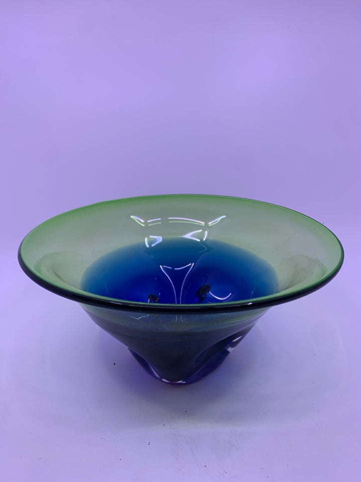 BLUE GREEN OMBRE BOWL W THUMB PRINTS.