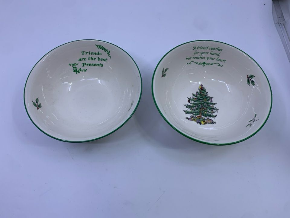 2 SPODE CHRISTMAS TREE "FRIEND" GREEN EDGE BOWLS.