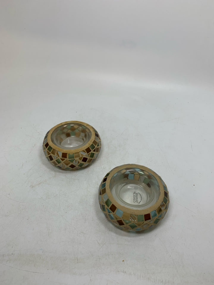 2 SHORT GLASS MOSAIC TEA LIGHT HOLDERS.