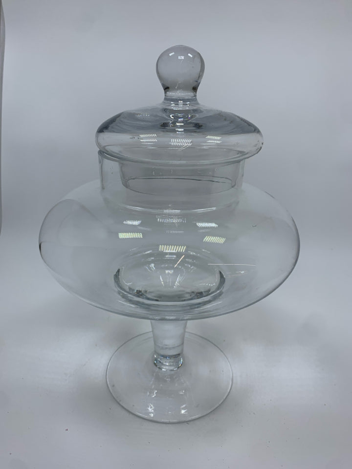 ROUND GLASS FOOTED CANDY JAR W/LID.
