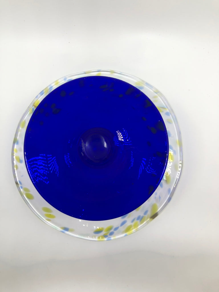 GLASS CAKE STAND W/ COBALT BLUE BASE.