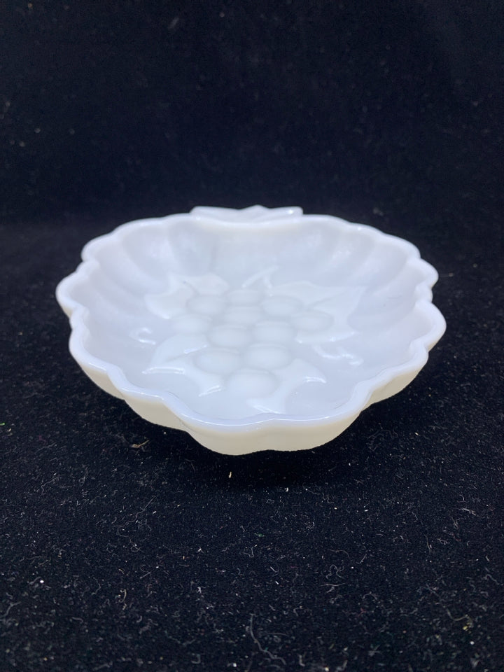 VTG MILK GLASS EMBOSSED DISH.